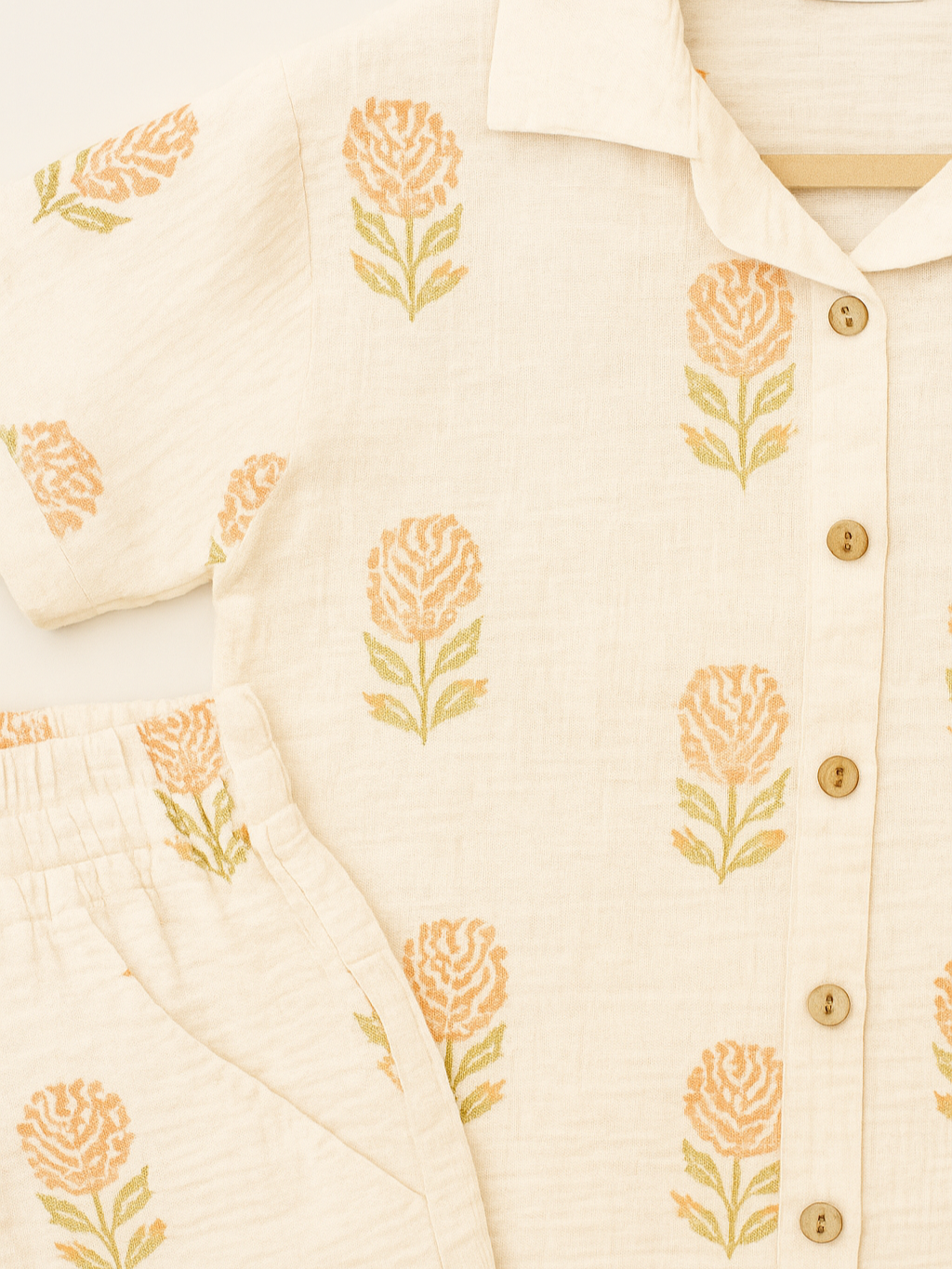 Cream-colored organic cotton Co-Ord Set with floral patterns