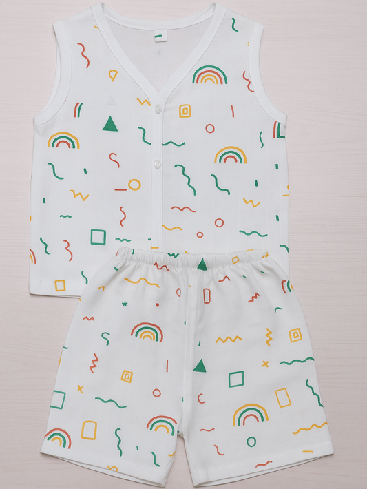Children's sleeveless top and shorts set with colorful geometric patterns