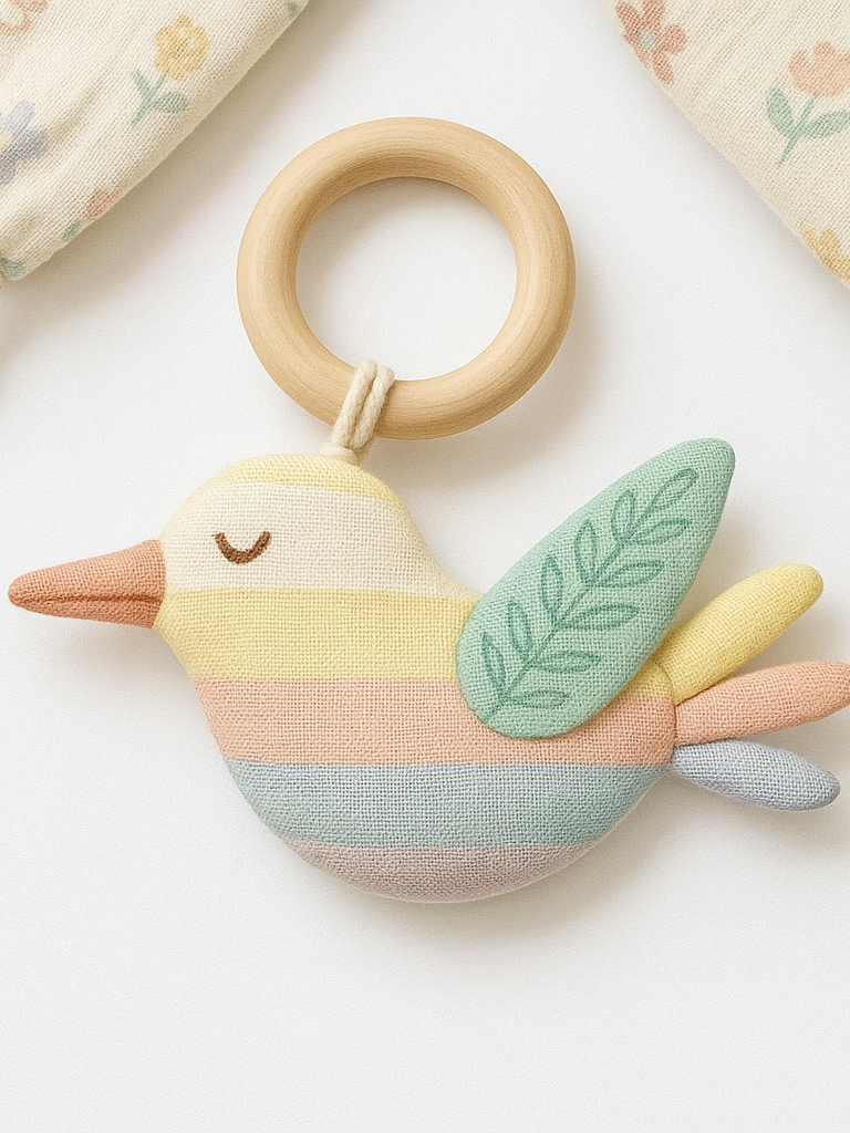 Bird-shaped Organic Cotton teething with wooden ring