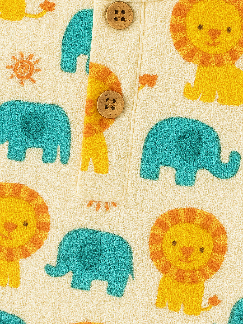 Children's clothing with lion and elephant pattern.