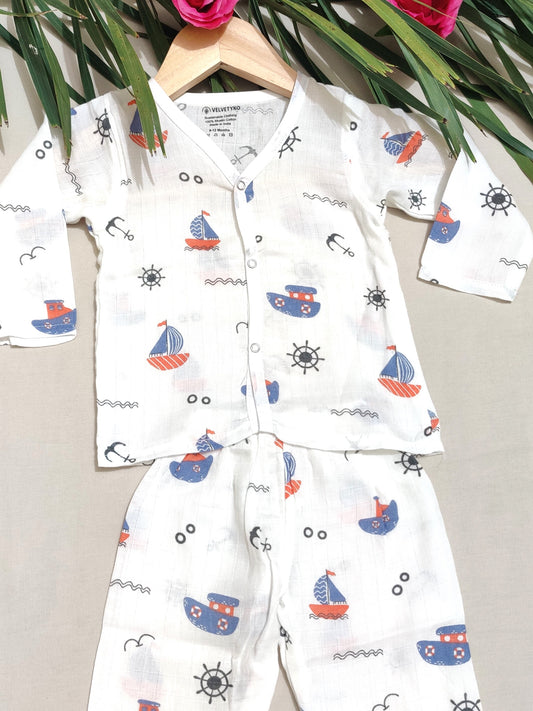 Baby Organic Muslin Nightwear Set – Nautical Boat Print | Velvetyko