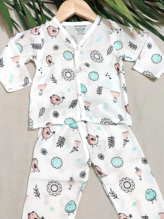 organic muslin Children's pajama set with bird and flower pattern