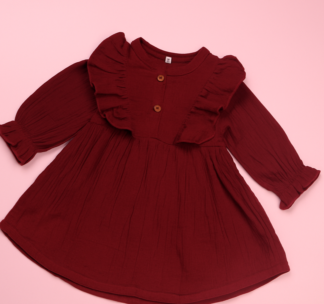 Maroon Pleated Baby Dress with Ruffles