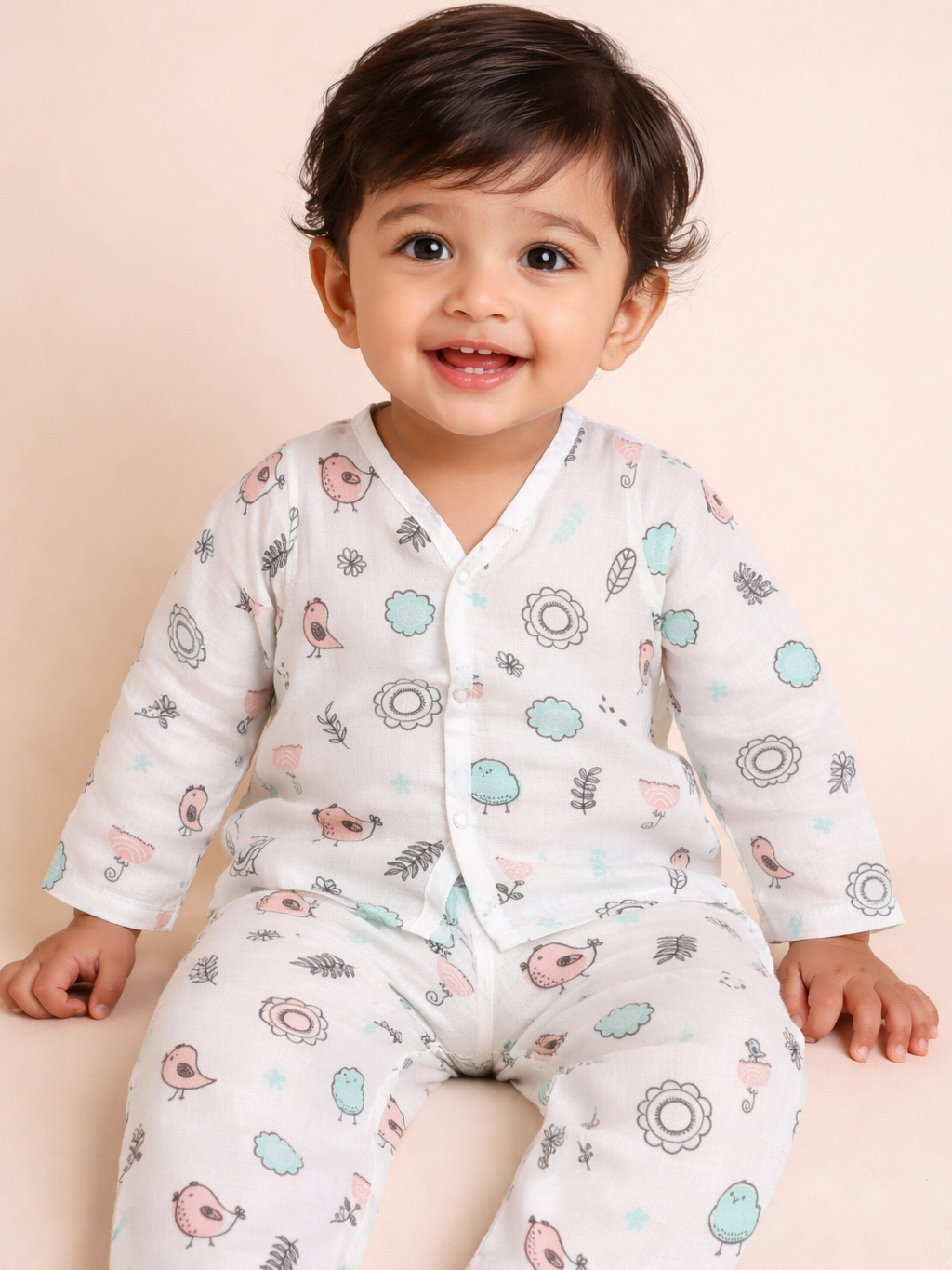 Bird & Floral Print organic muslin Baby pajama set