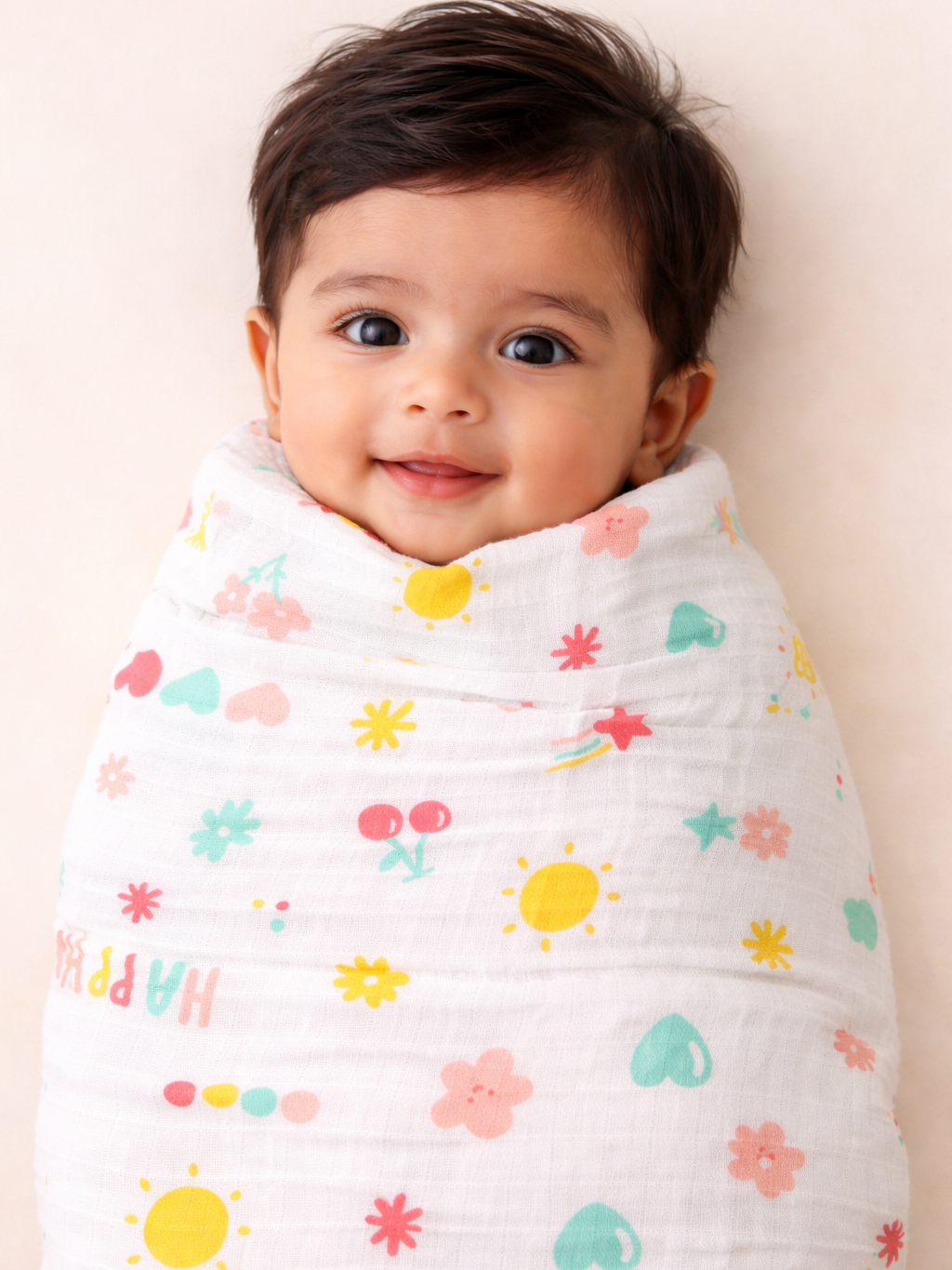 Baby wrapped in a colorful swaddle 