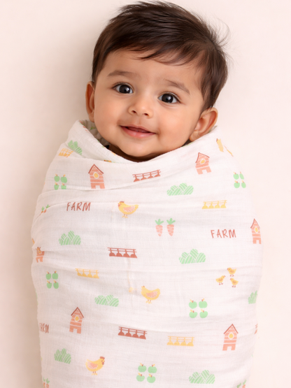 Farm Print Organic Muslin Baby Swaddle - Soft & Breathable | Velvetyko