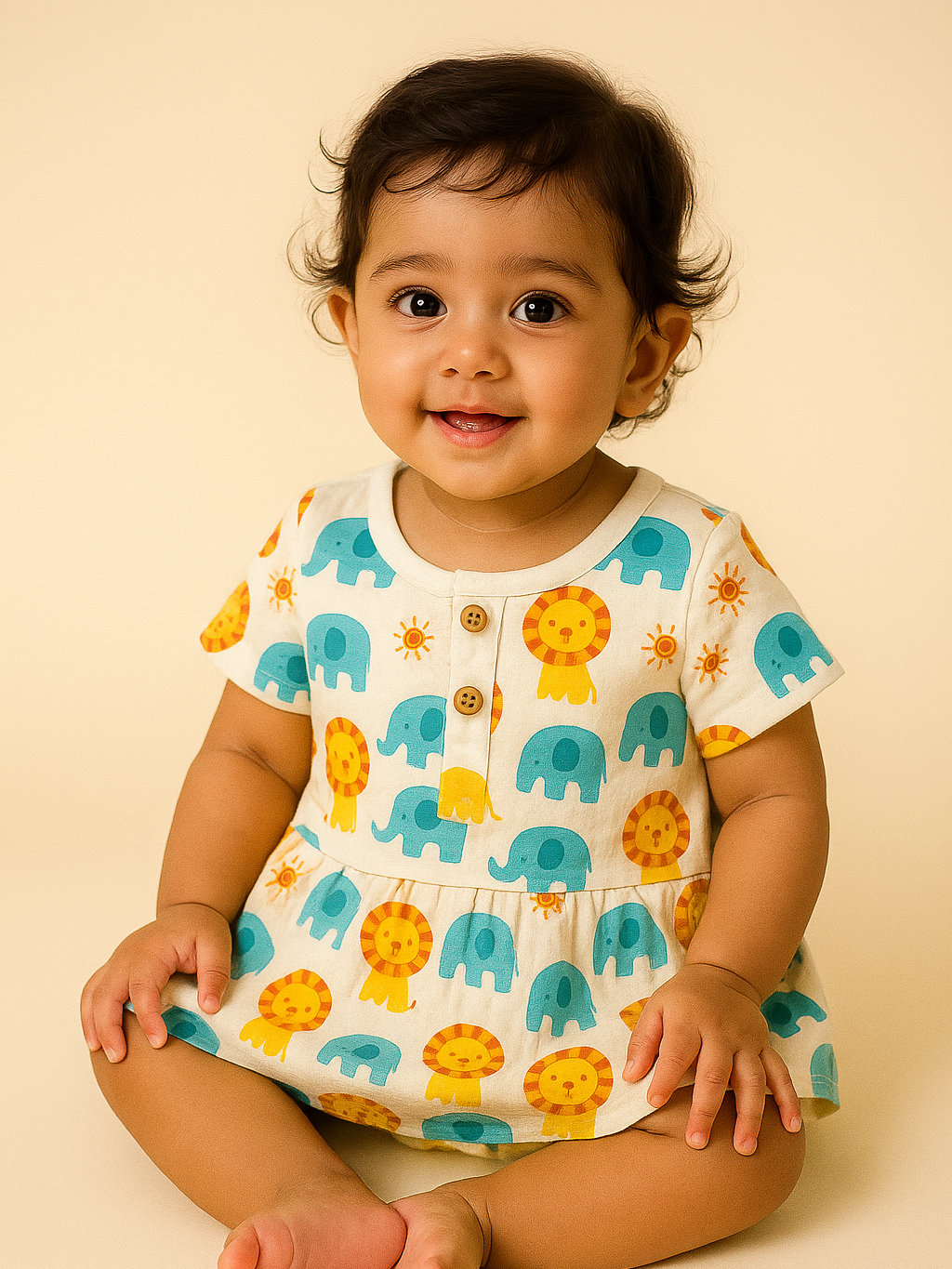 Child colorful dress with animal patterns on a beige background