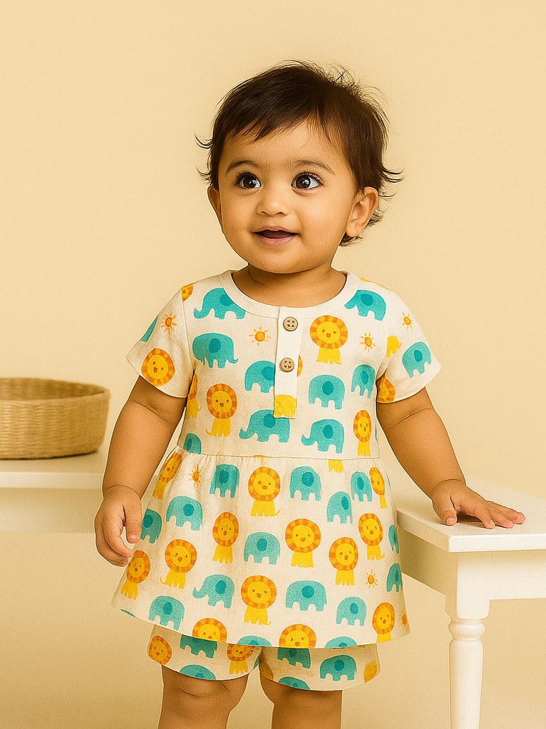  Girl animal print organic cotton short sleeves frock set.