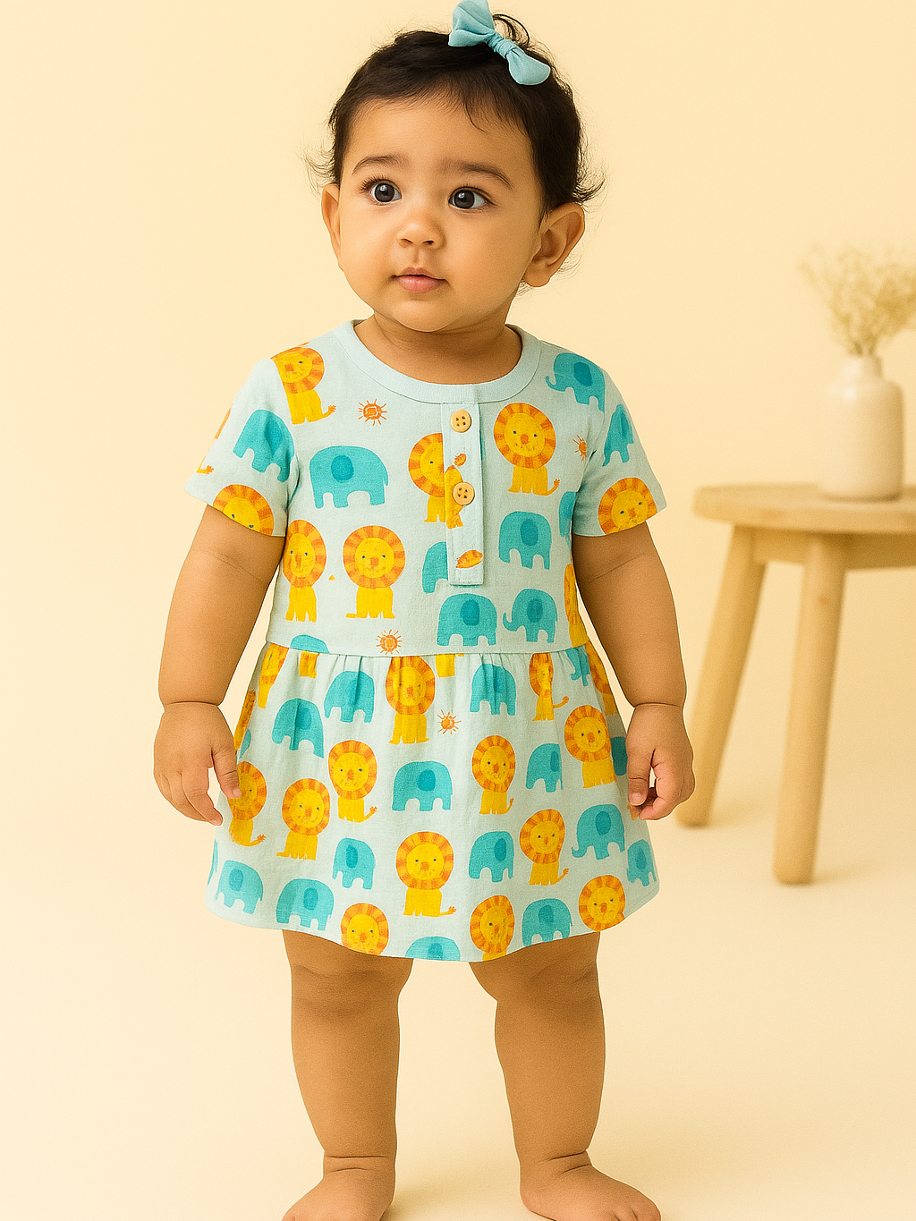 Baby Girl wearing a Light blue dress with animal print 