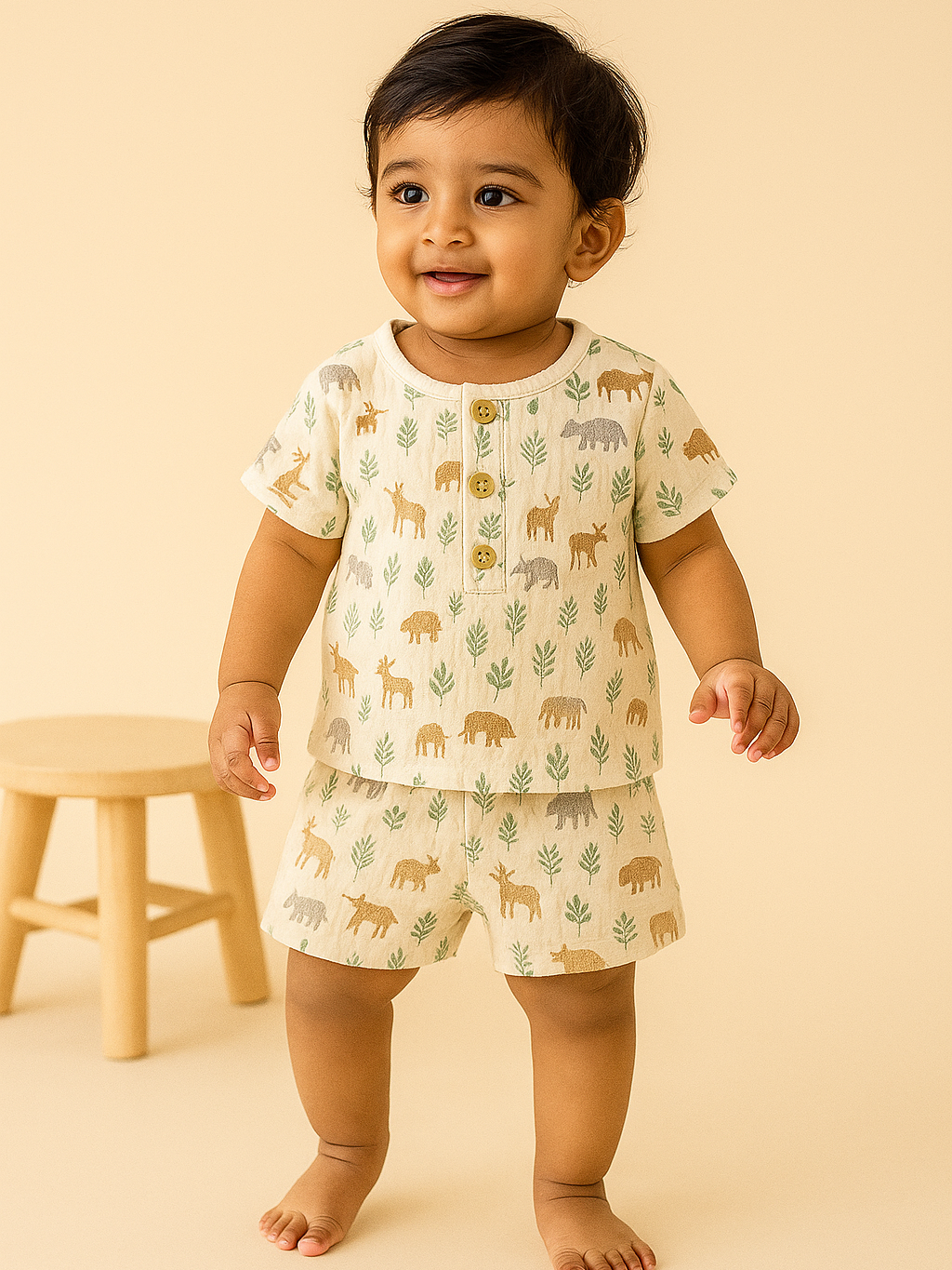 Boy short-sleeve shirt and shorts set with animal prints