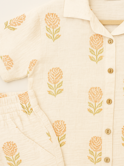Cream-colored organic cotton Co-Ord Set with floral patterns