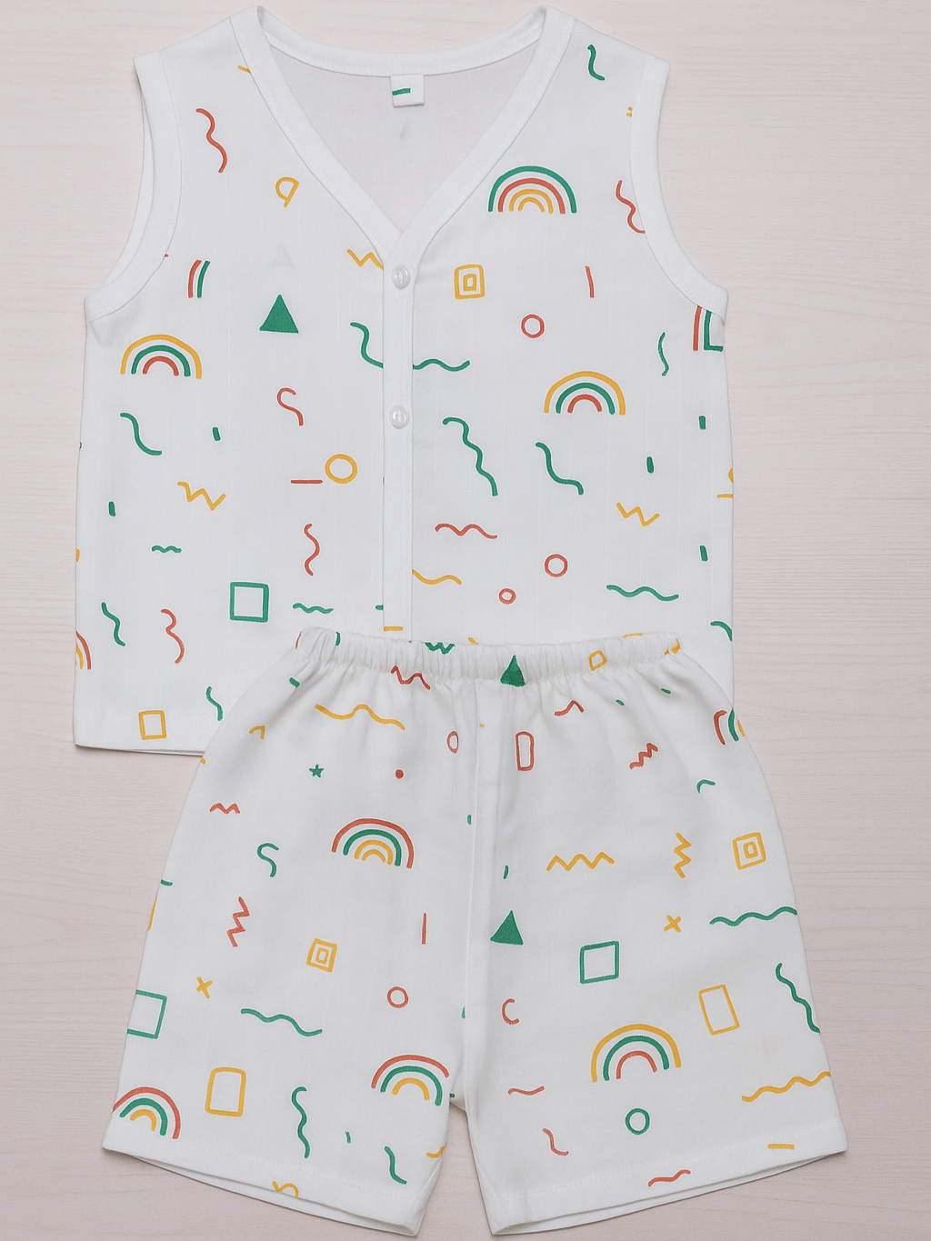 Children's sleeveless top and shorts set with colorful geometric patterns