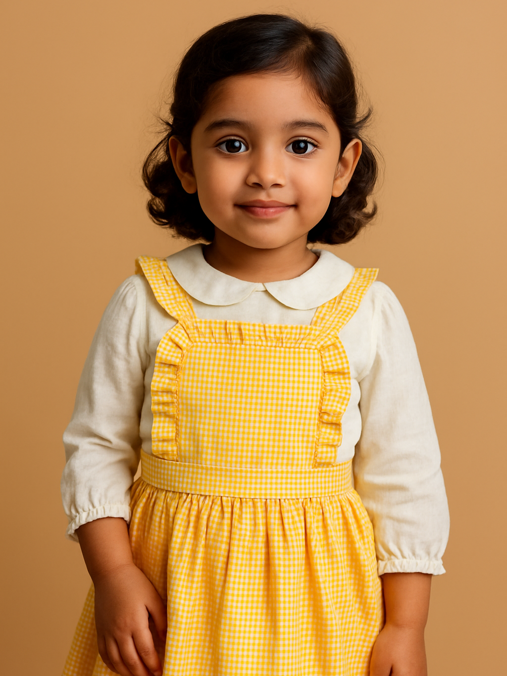 girl's yellow gingham pinafore dress