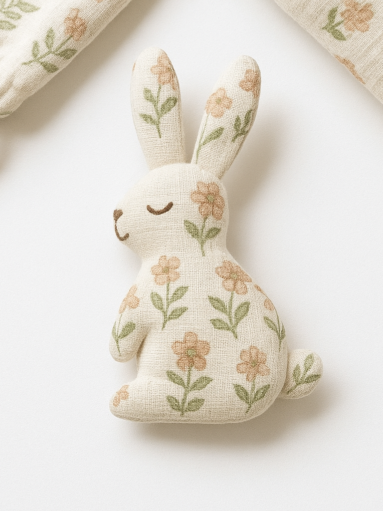 Floral-patterned rabbit organic cotton teether