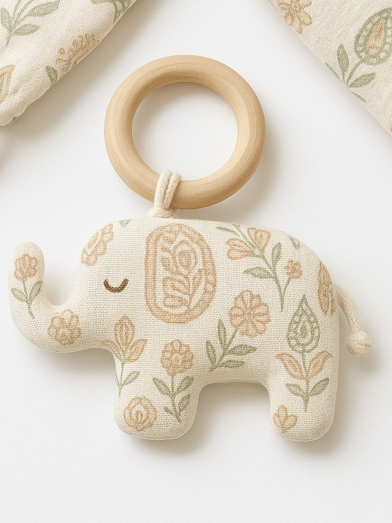 Elephant shaped organic cotton floral print teether
