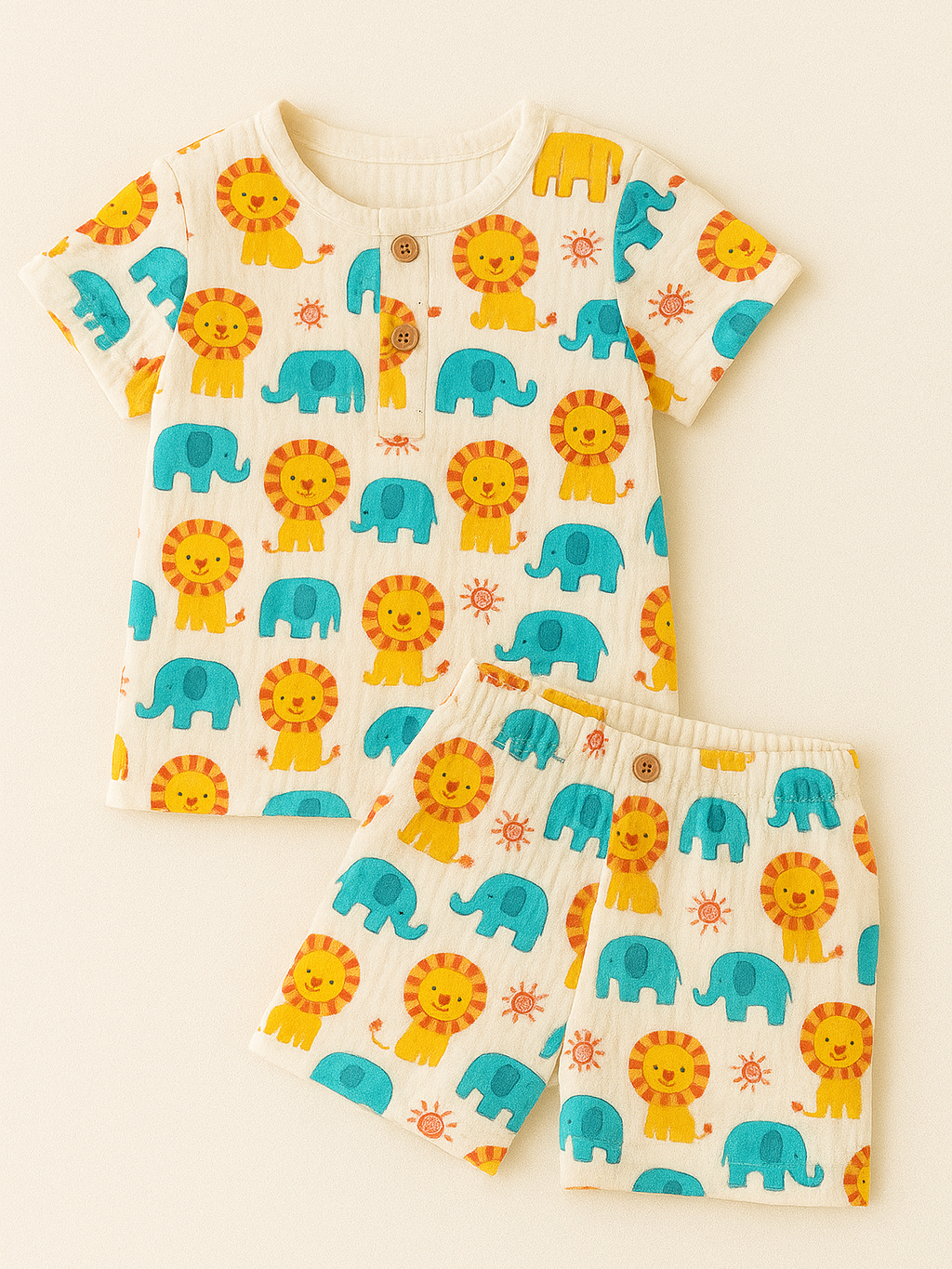 Children's outfit with animal pattern.