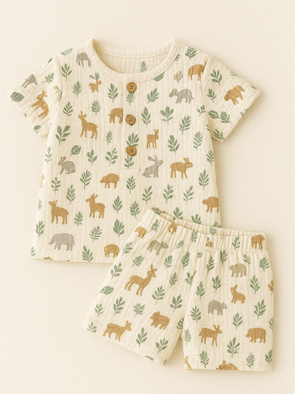 Baby short-sleeve shirt and shorts set with animal prints