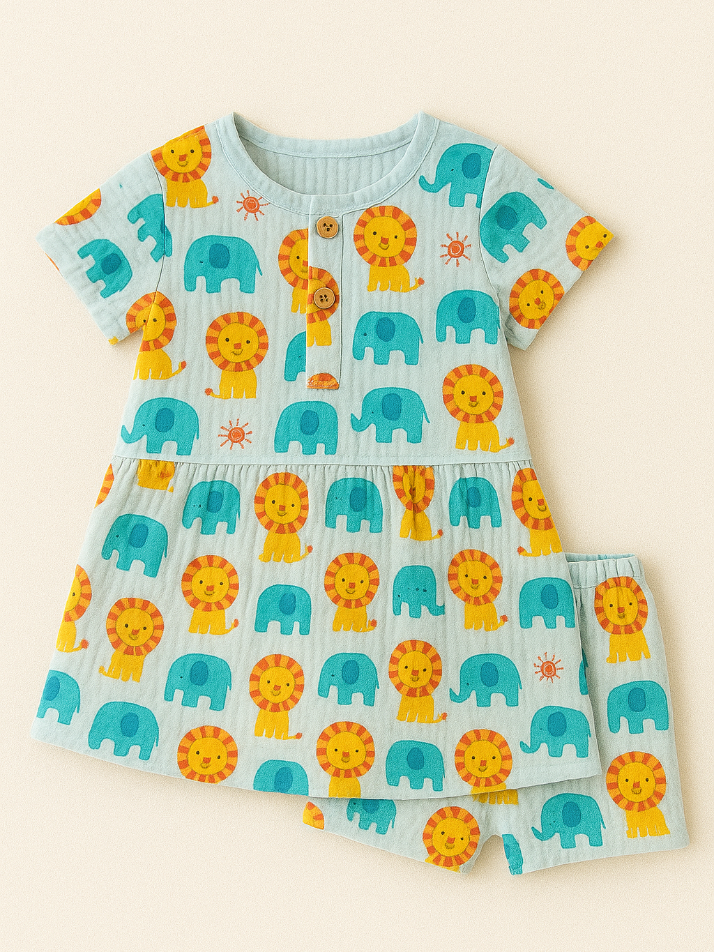 Girl's dress with lion and elephant pattern 