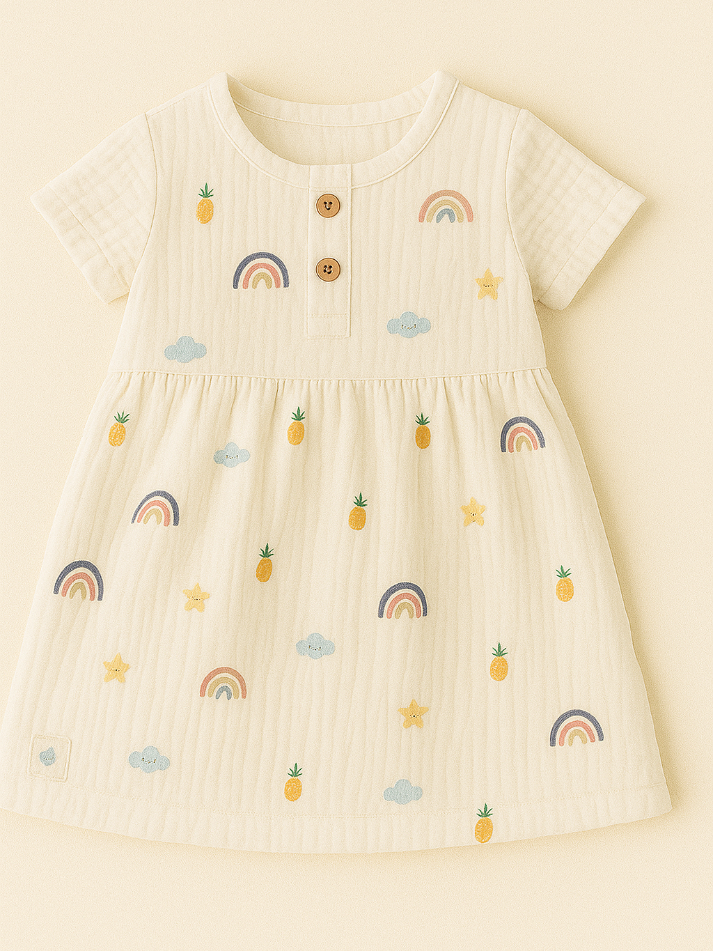 Children's dress with rainbow and pineapple patterns on a beige background