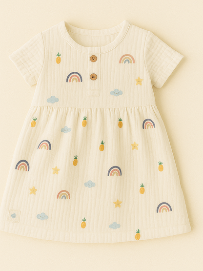 Children's dress with rainbow and pineapple patterns on a beige background