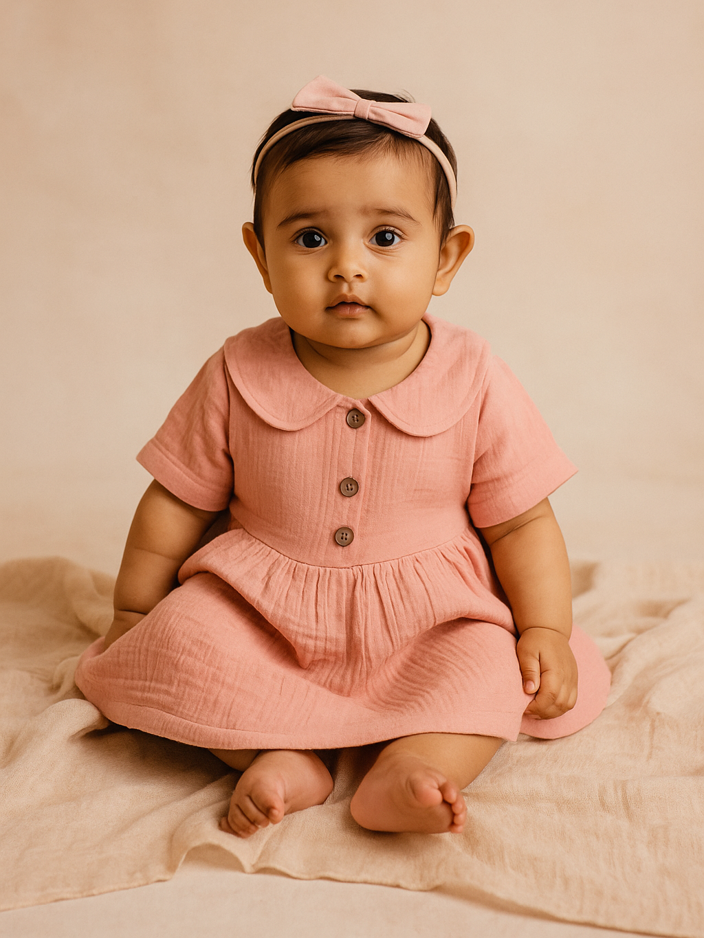 soft pink baby linen frock with peter-pan collar
