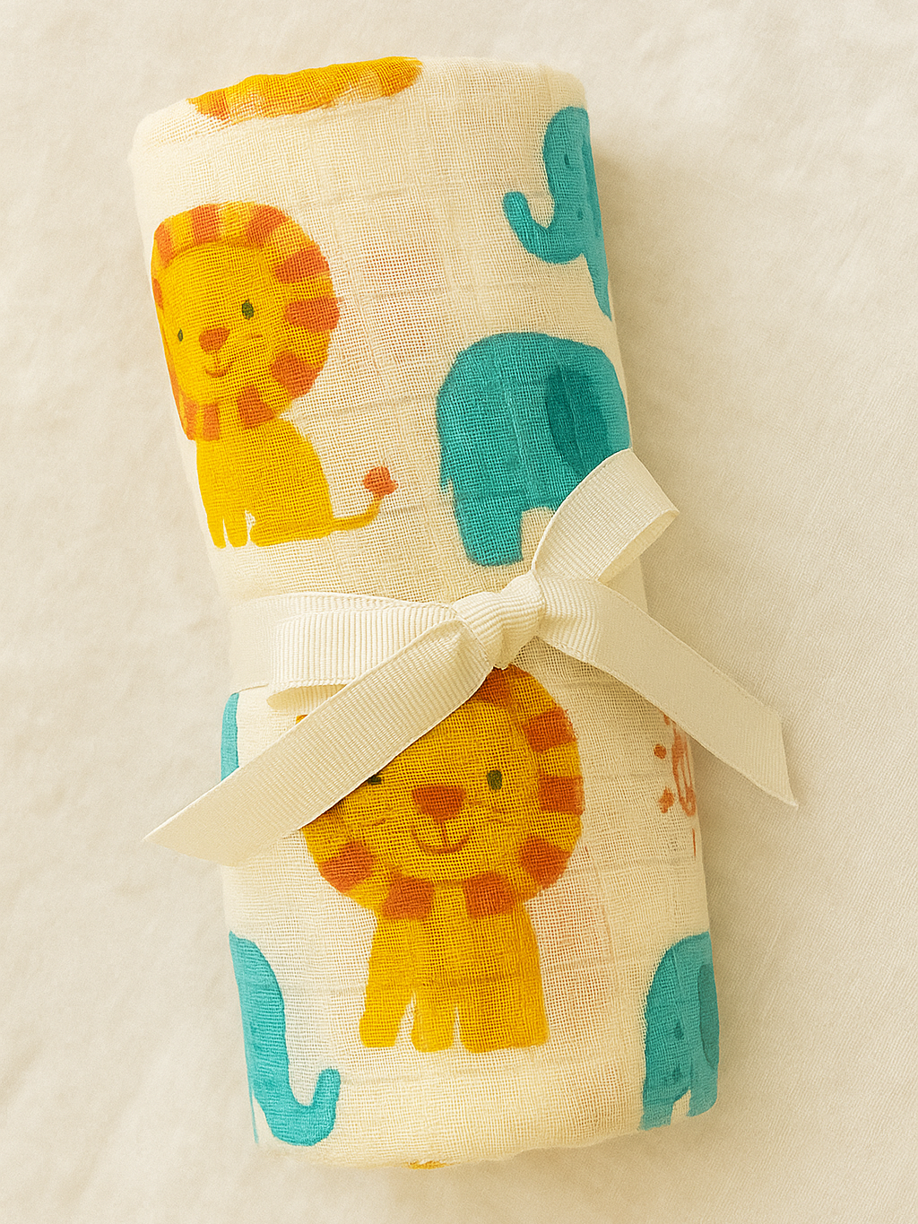 Organic Muslin Baby Swaddle with lion and elephant 
