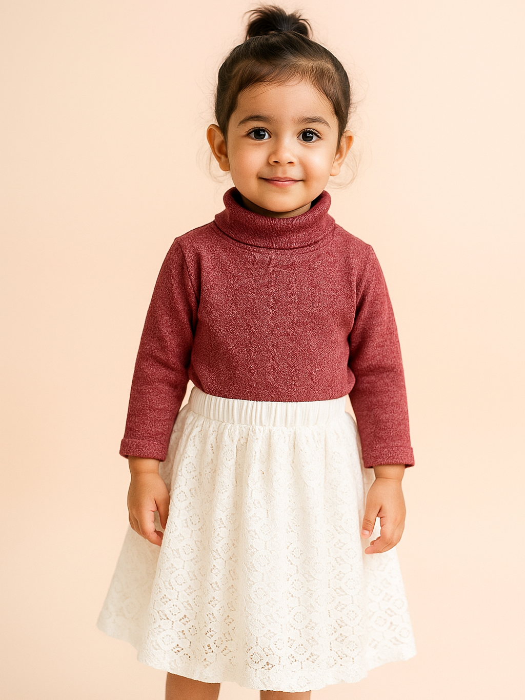 Girls’ Rose Turtleneck Top & White Lace Skirt Set