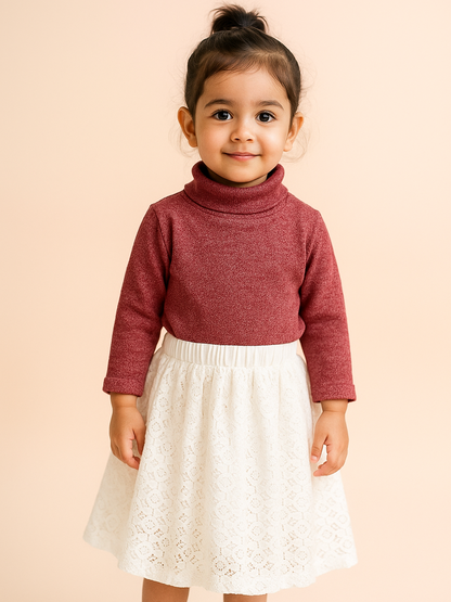 Girls’ Rose Turtleneck Top & White Lace Skirt Set