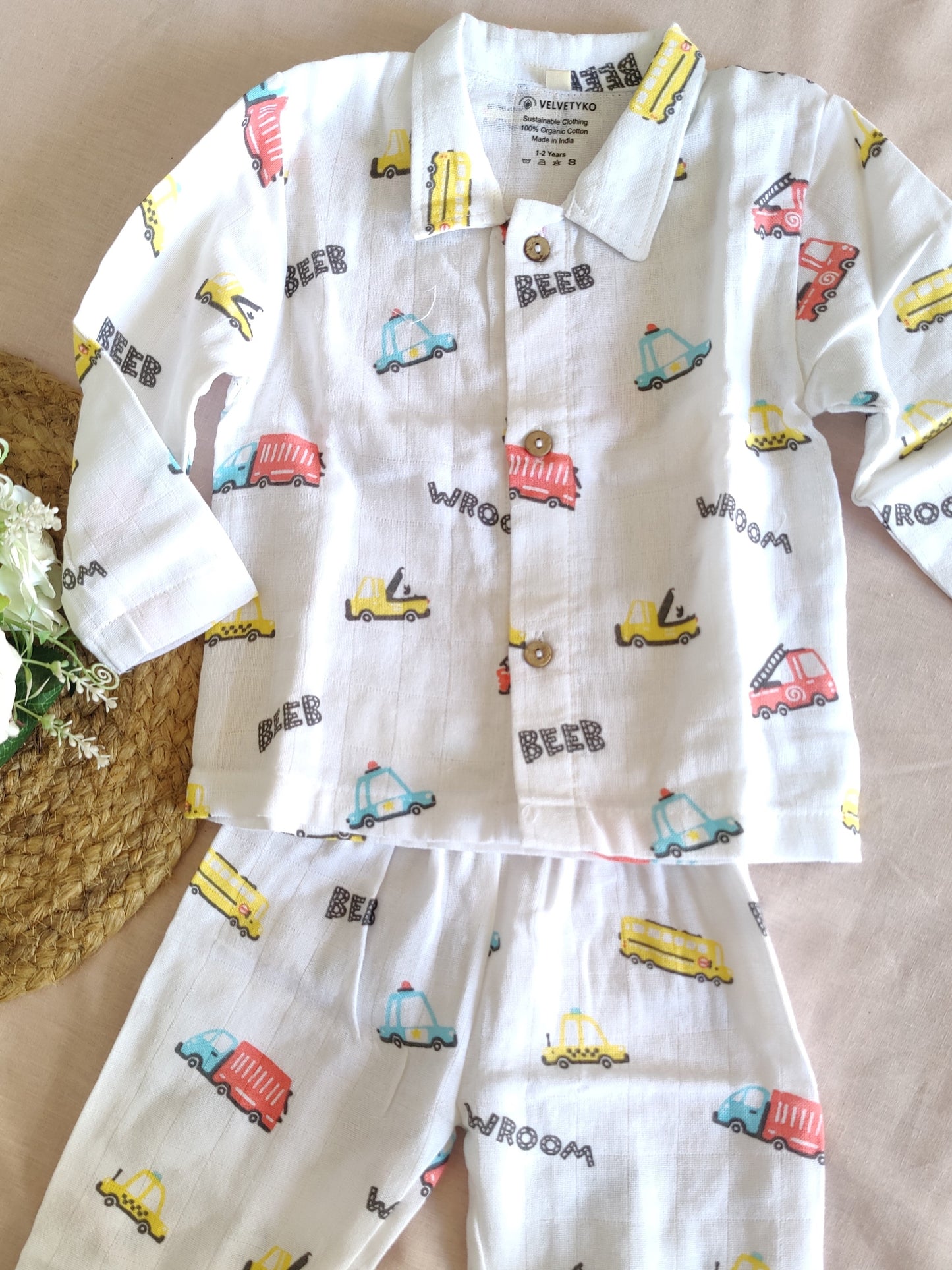 Velvetyko Soft Organic Cotton Vehicle Print Pajama Set.