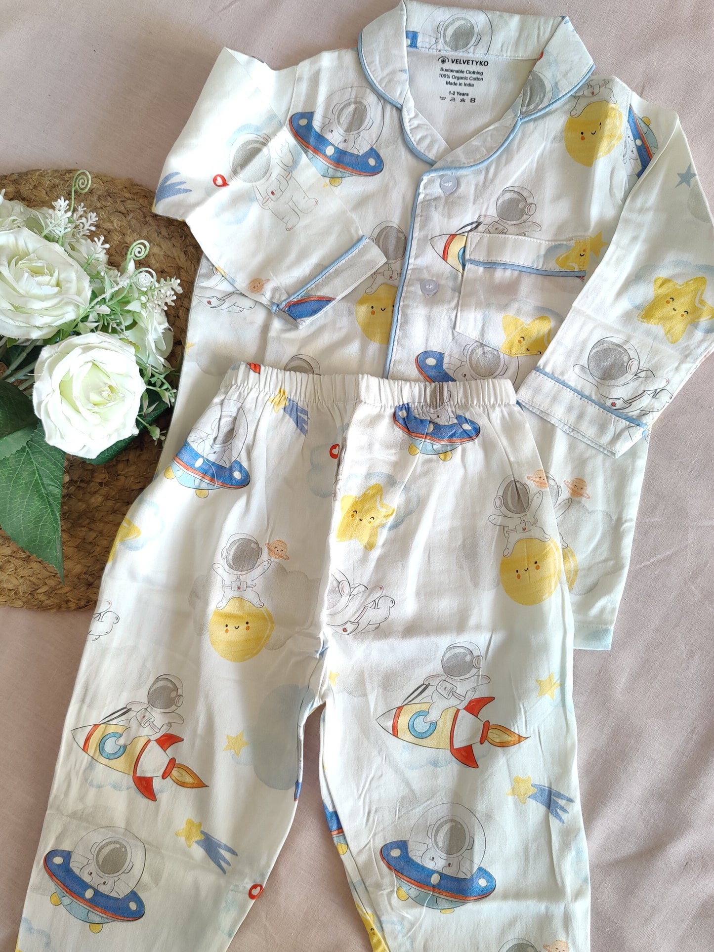Kid's Astronaut Print Organic Cotton Pajama Set | Soft Nightwear for Boys & Girls – Velvetyko