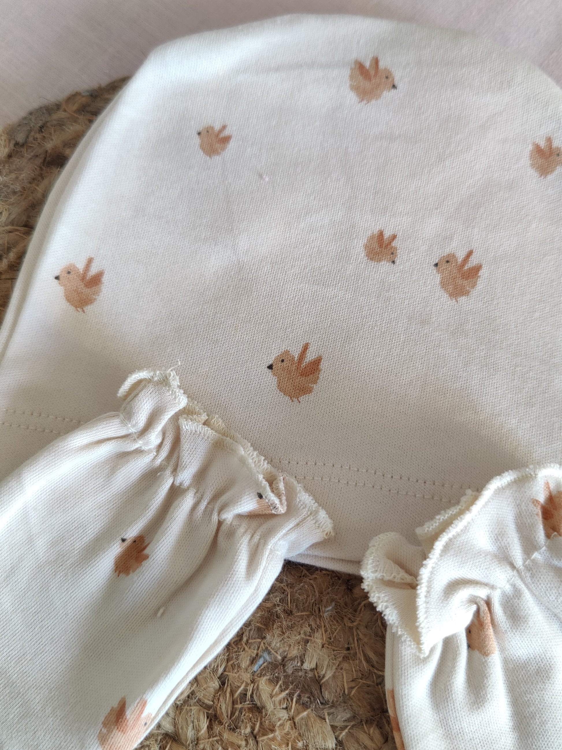 Charming bird print cap, mittens, & booties