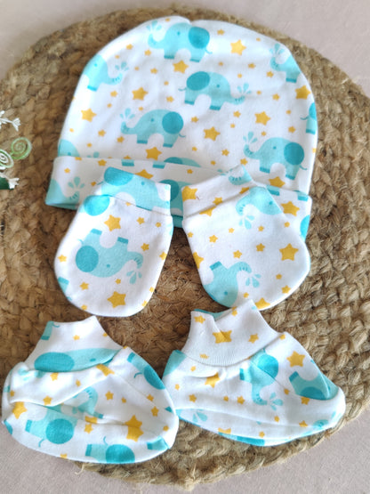 Elephant Print Cap, Mittens & Booties Set
