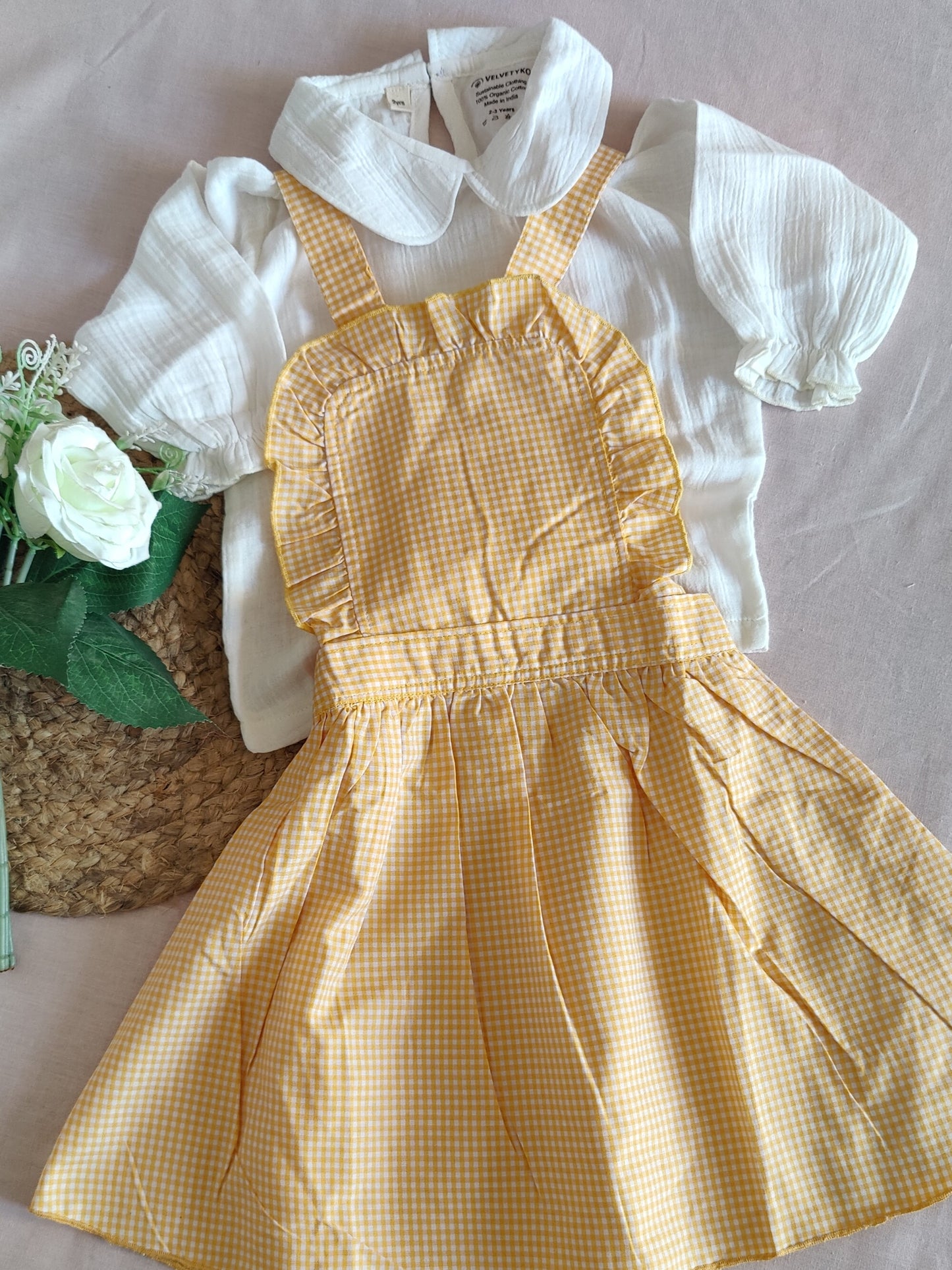 Organic Yellow Gingham Ruffle Pinafore Dress Set