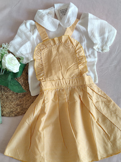 Organic Yellow Gingham Ruffle Pinafore Dress Set