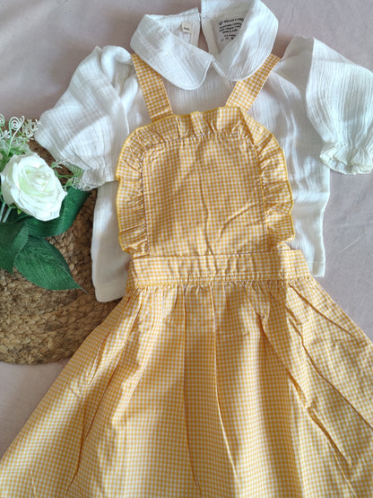 Organic Yellow Gingham Ruffle Pinafore Dress Set