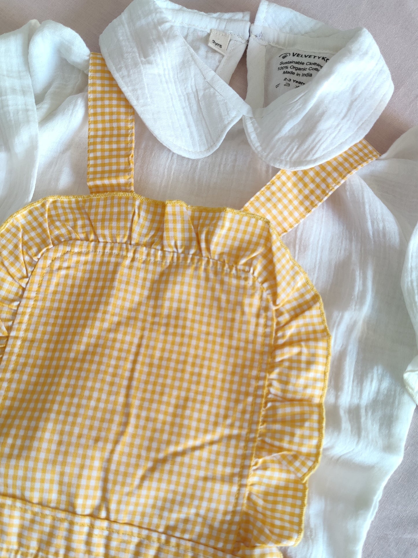 Organic Yellow Gingham Ruffle Pinafore Dress Set