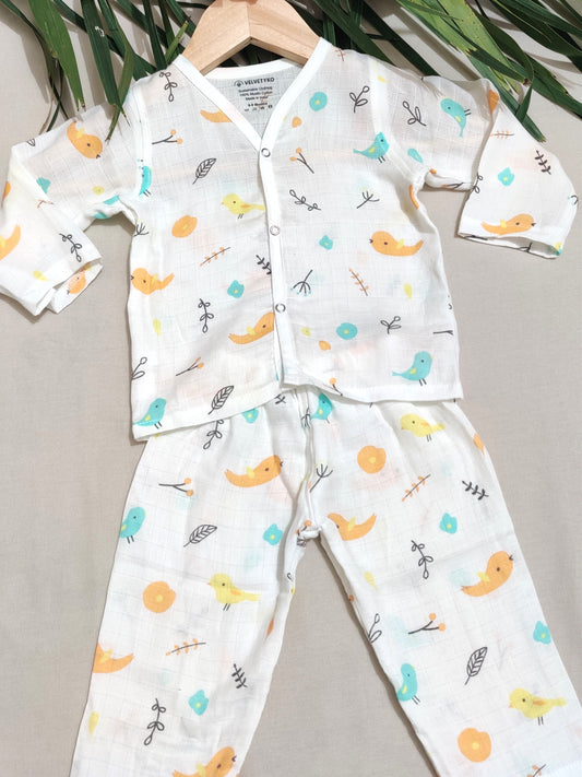 organic muslin Children's pajama set with bird pattern