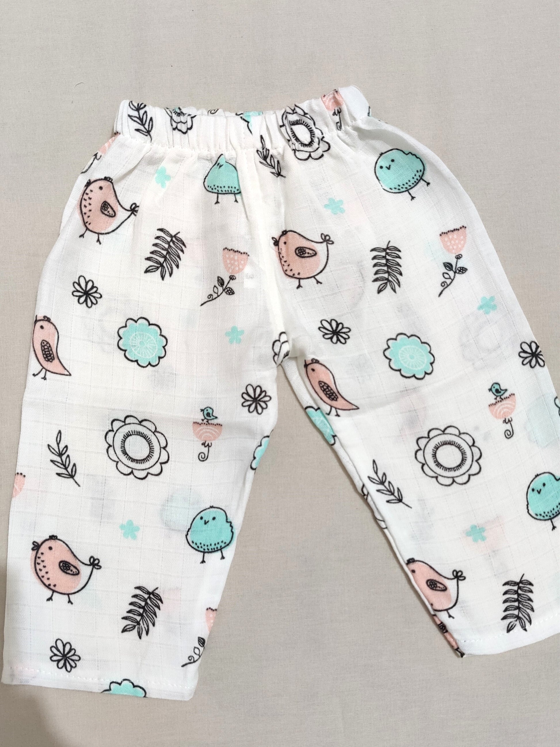 organic muslin Children's pants with bird and flower pattern