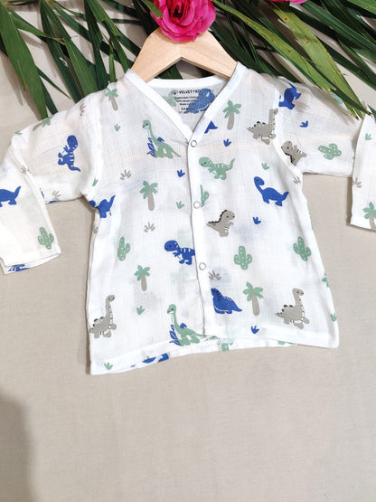 Baby organic muslin jhabla with dinosaur pattern