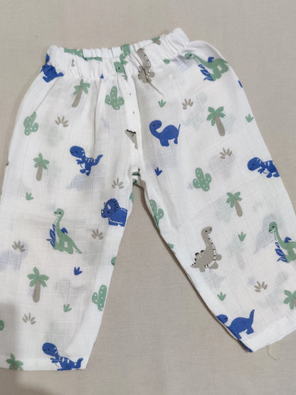 organic muslin pants with dinosaur pattern