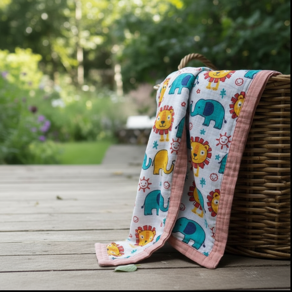 Colorful children's Organic Muslin Quilt with animal patterns