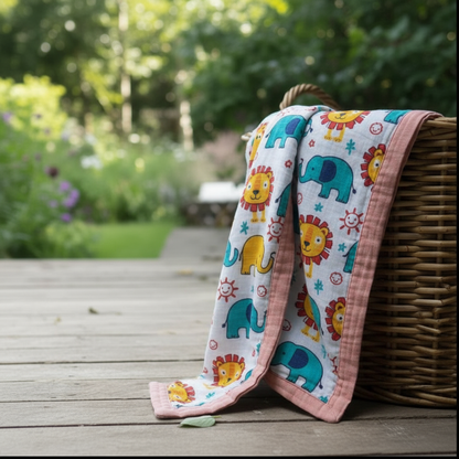 Colorful children's Organic Muslin Quilt with animal patterns